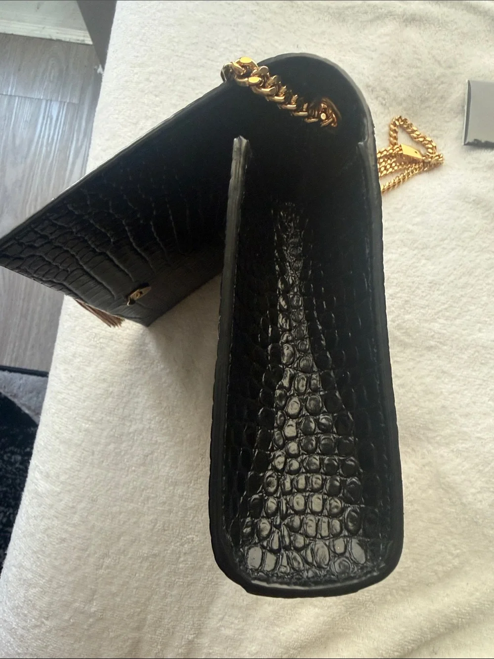 Saint Laurent Black Croc-Embossed Shoulder Bag with Gold Chain and YSL Tassel